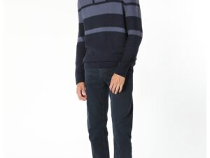 Pulover cu model in dungi si decolteu drapat - Bleumarin