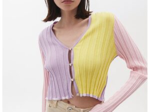 Cardigan crop cu model colorblock si decolteu in V - Galben/Lila pal