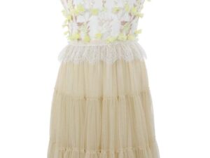 Rochie cu decolteu in V si broderie florala - Alb/Galben pal/Maro camel