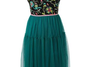 Rochie evazata cu decolteu in V fara maneci - Negru/Verde persan