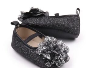 Pantofi  Eleganti - Cu Sclipici Si Floare Argintie - Piele ecologica - Fete - Banda elastica - Negru