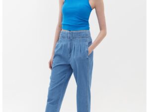 Blugi cu talie inalta si detalii plisate - Albastru deschis