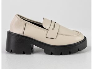 Pantofi loafer de piele ecologica cu toc masiv - Negru/Maro nisip