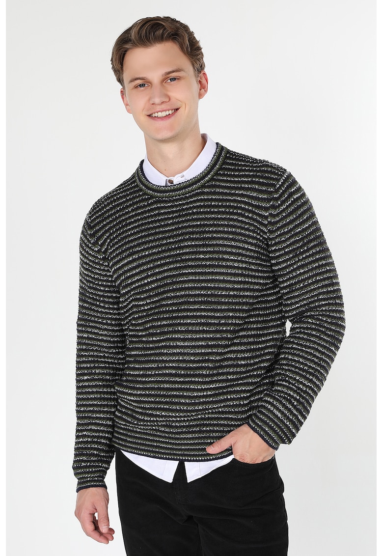 Reducere 85% - Pulover cu decolteu rotund si model in dungi - Alb/Negru/Verde padure 1 Pulover cu decolteu rotund si model in dungi - Alb/Negru/Verde padure