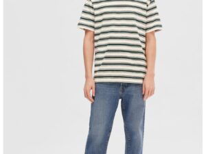 Tricou de bumbac organic cu dungi - Verde englez/Alb murdar