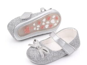 Pantofi  Cu Sclipici Si Fundita - Elegant - Piele ecologica - Fete - Velcro - Argintiu