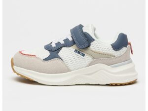 Pantofi sport cu sireturi elastice si segmente de piele ecologica - Albastru inchis/Alb optic/Bej deschis