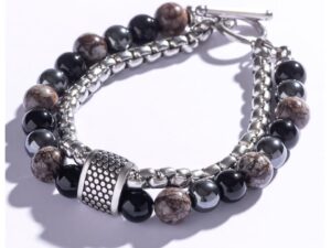 Bratara cu siraguri duble si decorata cu obsidian si hematite - Negru/Maro/Gri