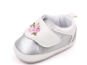 Pantofi  Model Roses - Piele ecologica - Fete - Velcro - Alb/Argintiu