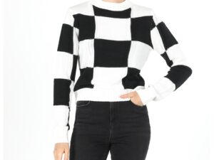 Pulover in carouri cu terminatii striate - Alb/Negru