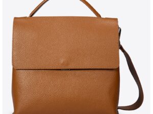 Geanta din piele cu bareta de umar si aspect texturat - Caramel