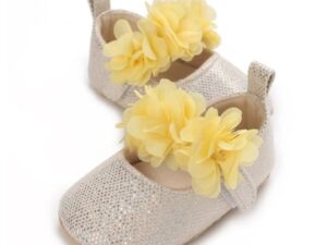Pantofi  Metalizat - Cu Floricele Galbene - Casual - Textil - Fete - Velcro - Ivoire