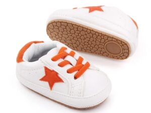 Pantofi Sport  Cu Steluta Portocalie - Piele ecologica - Fete - Velcro - Alb - Alb