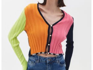 Cardigan crop cu model colorblock si decolteu in V - Roz pastel/Portocaliu mandarina/Verde pal