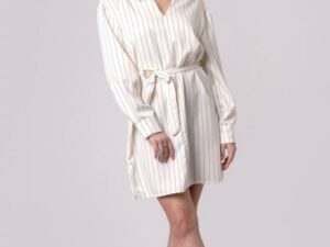 Rochie alba tip camasa cu cordon in talie