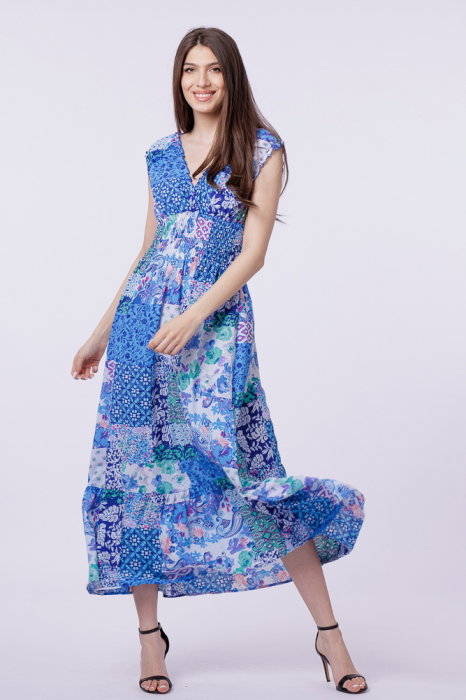 Reducere 33% - Rochie cu talia evidentiata si bust petrecut, imprimeu floral albastru 1 Rochie cu talia evidentiata si bust petrecut