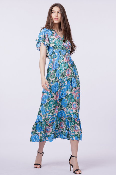 Reducere 33% - Rochie cu talia evidentiata si bust petrecut si imprimeu cu flori albastre-roz 1 Rochie cu talia evidentiata si bust petrecut si imprimeu cu flori albastre-roz