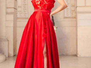 Rochie de nasa Abigail rosie tip printesa din tafta cu flori 3D