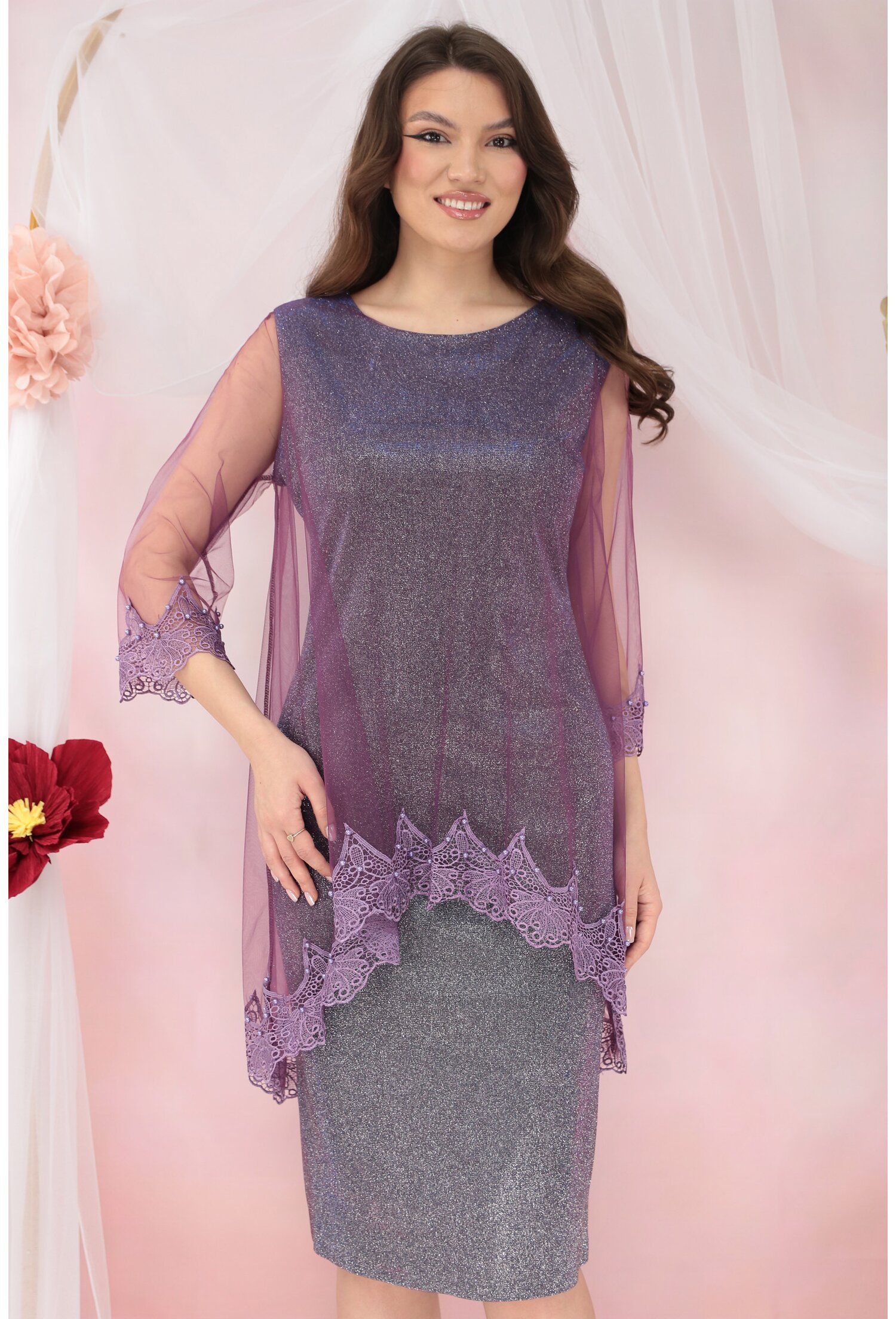 Reducere 69% - Rochie de ocazie din lurex cu pelerina din tulle si broderie violet 1 Rochie de ocazie din lurex cu pelerina din tulle si broderie violet