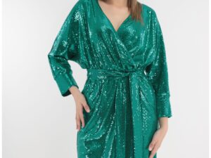 Rochie de ocazie verde-smarald cu paiete si decolteu suprapus