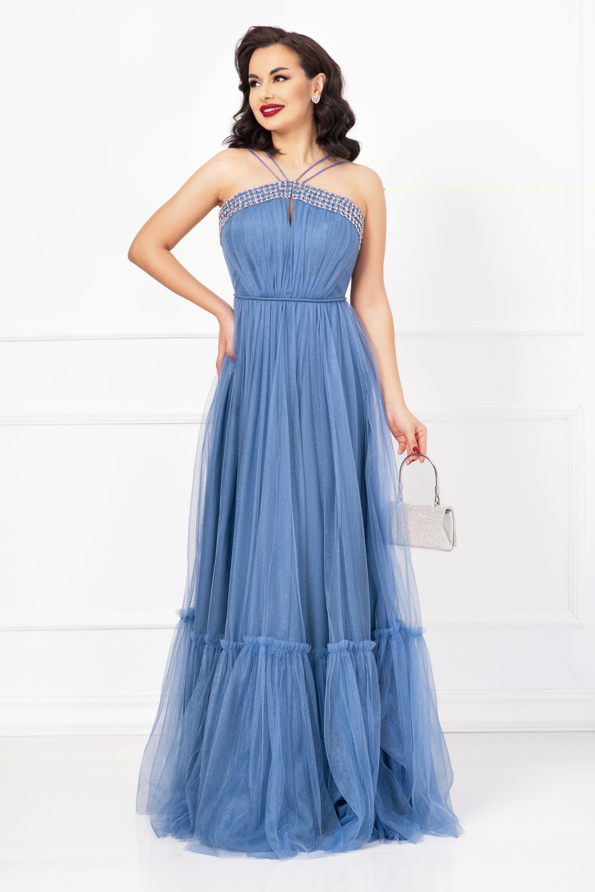 Reducere 30% - Rochie de seara Christine bleu cu model din strassuri 1 Rochie de seara Christine bleu cu model din strassuri
