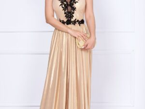 Rochie de seara Ginette gold peliculizata cu broderie aplicata