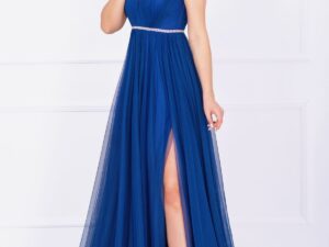 Rochie de seara Gratiela albastru royal cu perle in talie si accesoriu tip fulgi