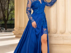 Rochie de seara Ivette albastru-royal din dantela si fusta din tafta