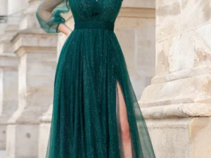 Rochie de seara lunga eleganta verde Esmeralda cu glitter