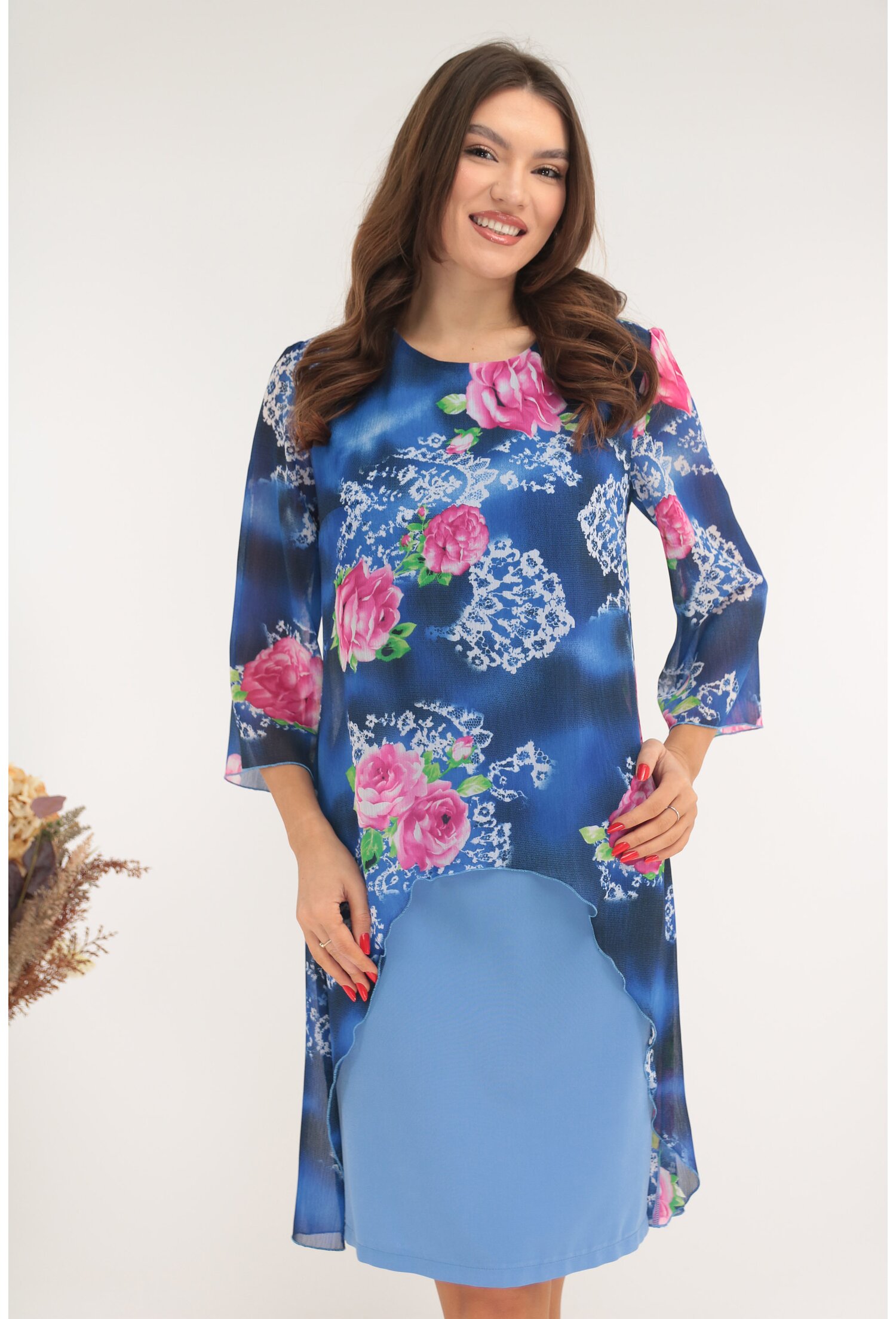 Reducere 78% - Rochie eleganta albastra cu print floral maxi si aspect suprapus 1 Rochie eleganta albastra cu print floral maxi si aspect suprapus
