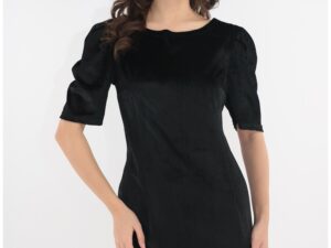 Rochie eleganta din catifea neagra cu paiete si funda satinata magenta