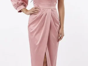 Rochie de ocazie midi din tafta cu aspect petrecut si o maneca