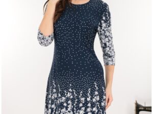 Rochie evazata bleumarin cu imprimeu floral in degrade