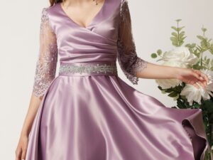 Rochie lila din tafta in clos cu cordon in talie- Ella Collection Adria
