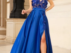 Rochie lunga Abigail royal de lux tip printesa din tafta cu flori 3D