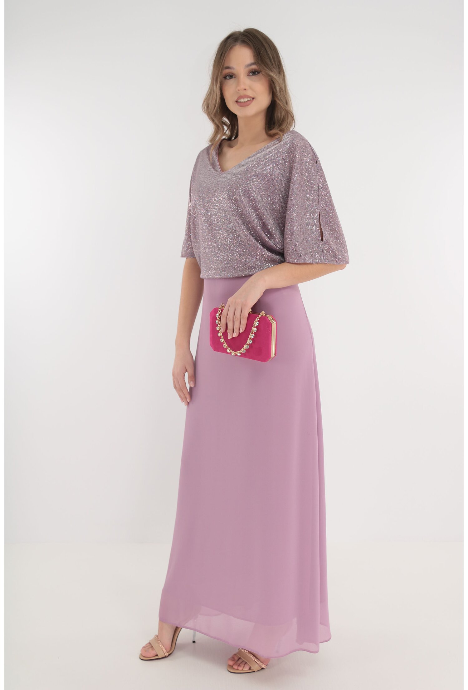 Reducere 74% - Rochie lunga roz-pudra cu glitter in partea superioara 1 Rochie lunga roz-pudra cu glitter in partea superioara