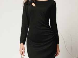 Rochie midi neagra conica din lurex cu decupaj si floare la bust