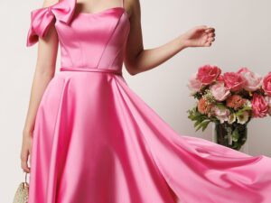 Rochie midi roz in clos din tafta cu funda la umar