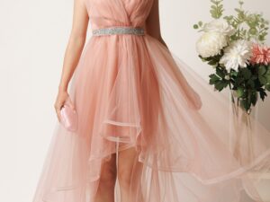 Rochie roz cu lungime asimetrica din tull in clos cu cordon in talie- Ella Collection Isabel