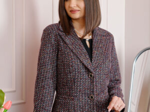 Sacou dama Dorothy din tweed bordo multicolor cu nasturi decorativi