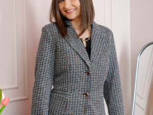 Sacou dama Dorothy din tweed gri multicolor cu nasturi decorativi