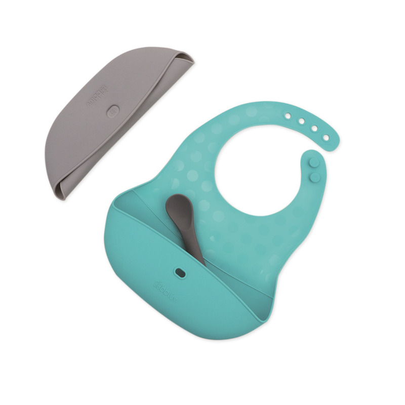 Reducere 61% - Set 2 bavete portabile, Bbluv, Poket, Cu buzunar, Cu lingurita inclusa, Fara BPA, Aqua/Grey 1 Set 2 bavete portabile