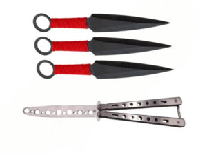Set Briceag fluture de antrenament si trei cutite de aruncat