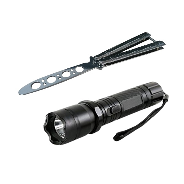 Reducere 53% - Set Electrosoc Lanterna tip Police 1000KV si Briceag fluture de antrenamen, 22 cm, argintiu 1 Set Electrosoc Lanterna tip Police 1000KV si Briceag fluture de antrenamen