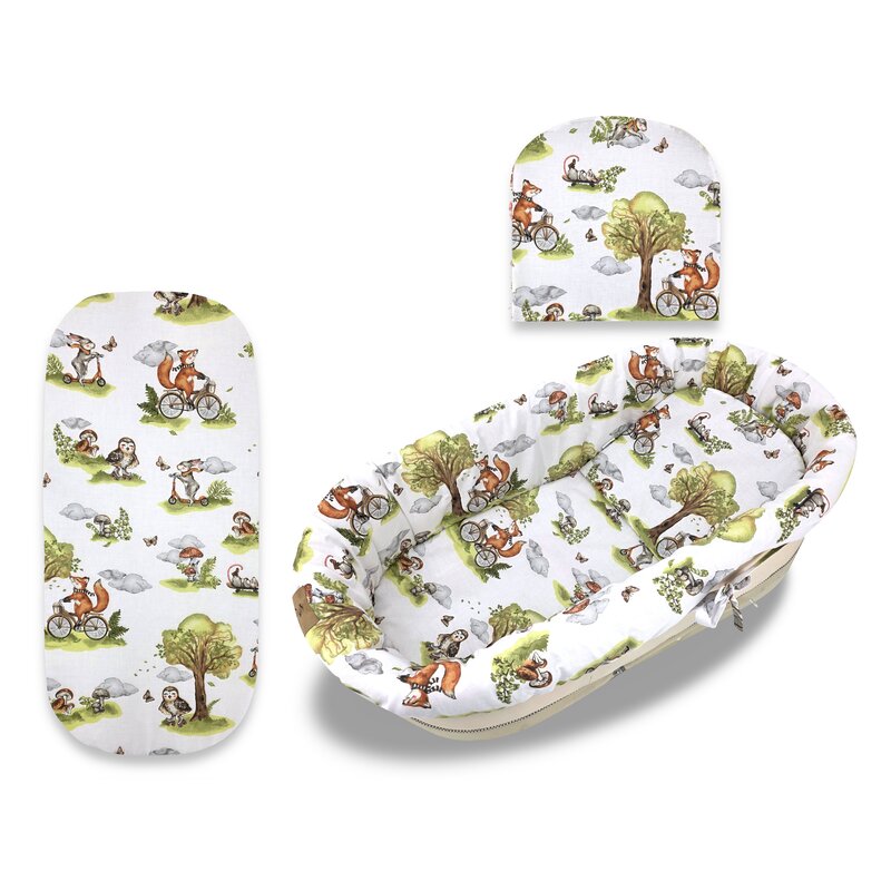 Reducere 53% - Set pentru landou/cosulet, Qmini, Cu protectie, saltea si pernuta, Din bumbac certificat Oeko Tex Standard 100, Fox on bikes Natural 1 Set pentru landou/cosulet