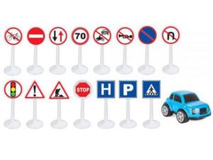 Set Pilsan Jucarie indicatoare rutiere Mini Traffic Signs cu masinuta