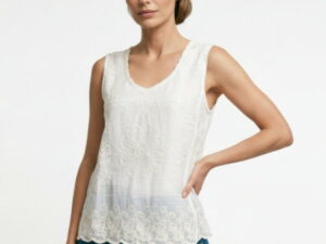 Top din bumbac cu broderie florala si dantela
