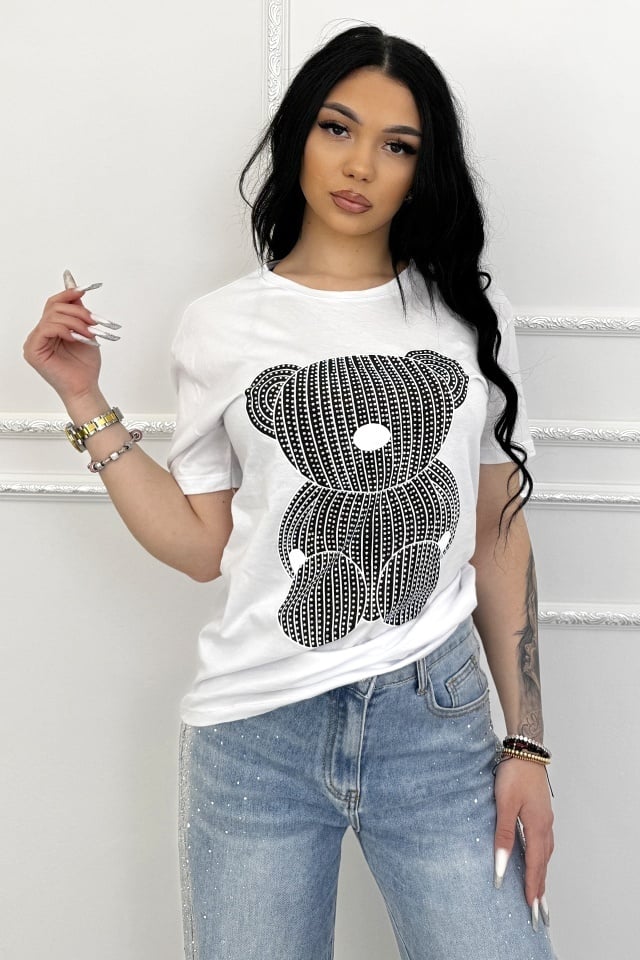 Reducere 40% - Tricou de dama din bumbac, Lumibear cu pietre si imprimeu, Alb 1 Tricou de dama din bumbac