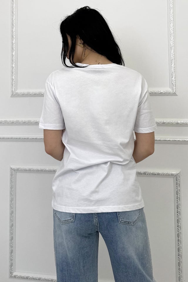 Reducere 40% - Tricou de dama din bumbac, Lumibear cu pietre si imprimeu, Alb 2 Lumibear cu pietre si imprimeu