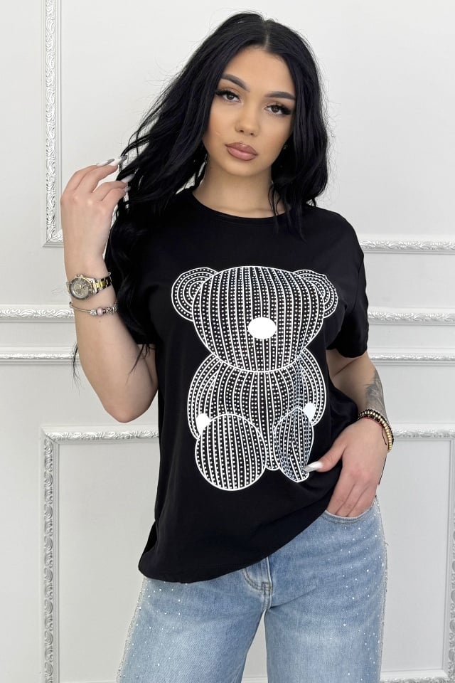 Reducere 40% - Tricou de dama din bumbac, Lumibear cu pietre si imprimeu, Negru 1 Tricou de dama din bumbac